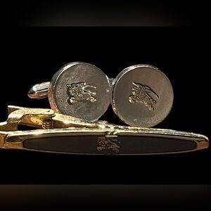 Silver Burberry Tie Clip and Cuff Links